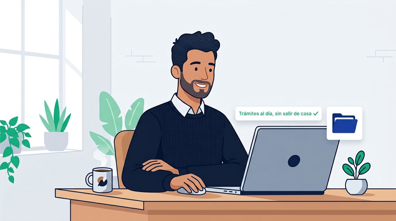 Hombre sonriente trabajando en su laptop desde casa, con sus trámites fiscales al día